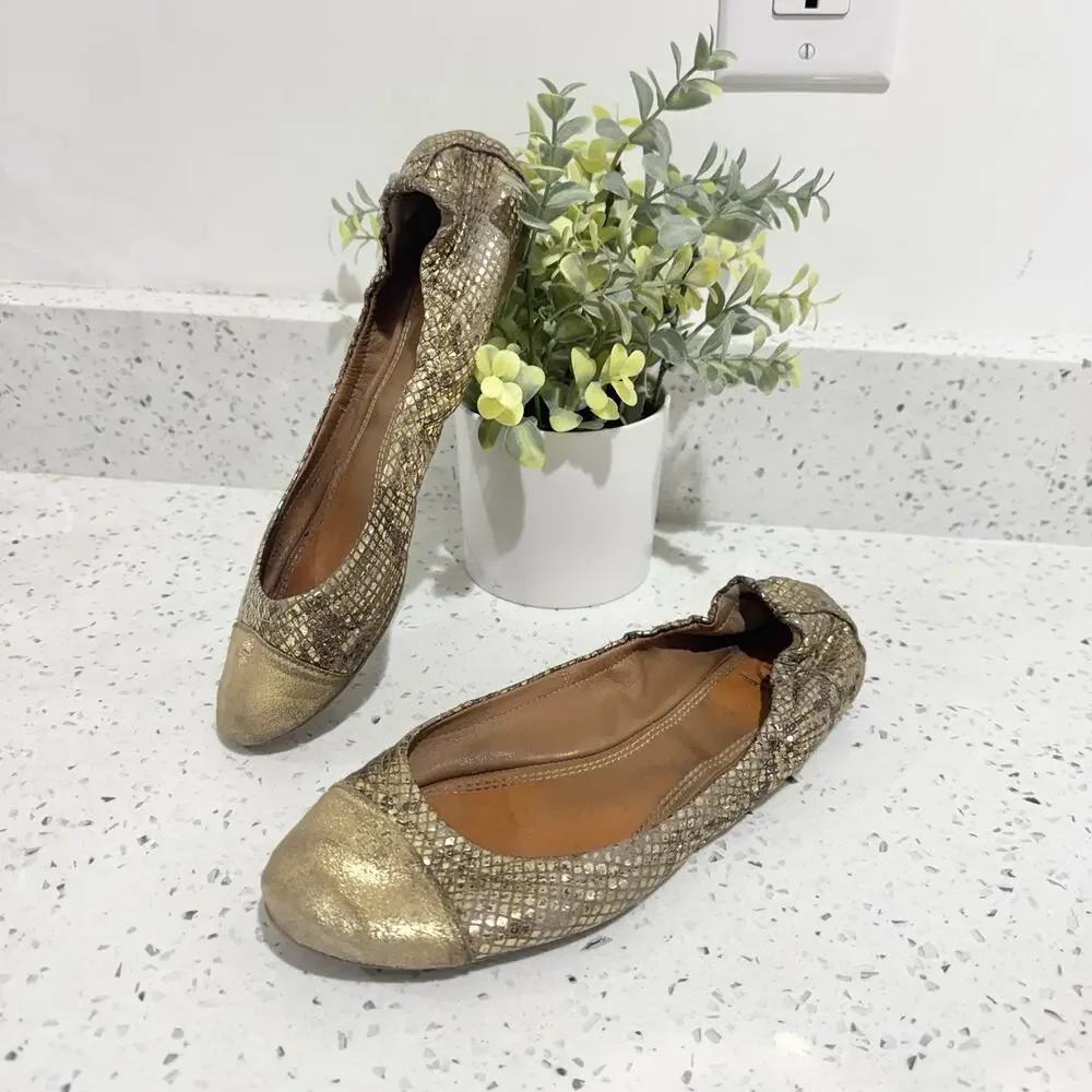 Tory Burch York Roccia ballet flat Gold Slip On Comfort Size 7.5 snake print CP